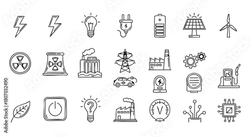 Energy Sources Hand Drawn Vector Icons Isolated on White Background