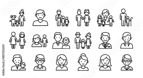 Family and people icons set in simple line art design style