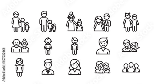 Family and Relationships Icon Set with Parents Children and Grandparents
