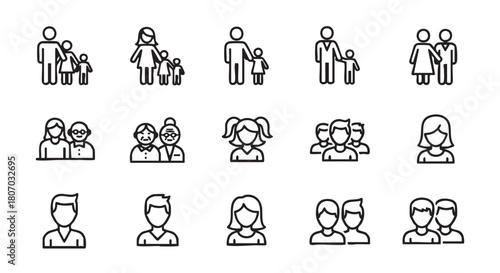 Family generations and individual portraits in simple line art design