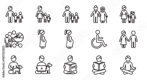 Family Life Icons Vector Seamless Pattern Black and White Background