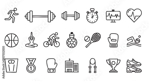 Fitness and exercise icons set of sport activity line art