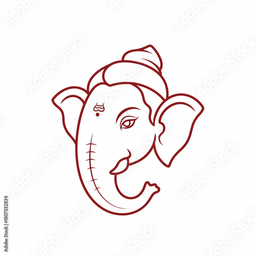 Minimalist line art illustration of the Hindu deity Ganesha's elephant head with a single tusk and traditional markings.