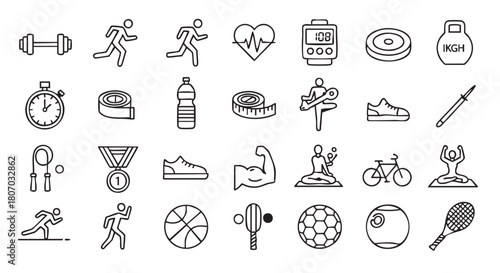 Fitness and sport equipment line icons for healthy lifestyle concept