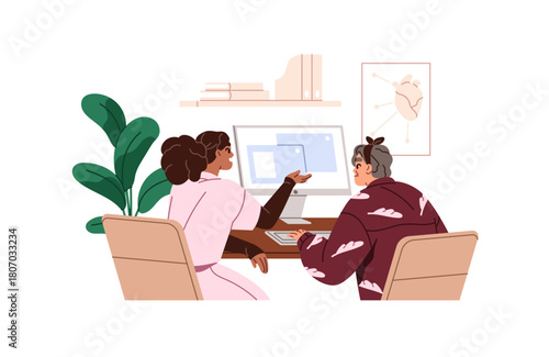 Social worker teaches granny to use computer, modern technology. Nurse helps old woman, cares about grandmother. Assistance for elderly people. Flat isolated vector illustration on white background.