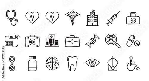 Healthcare icons depicting stethoscope heart rate monitor and medical equipment vector illustration