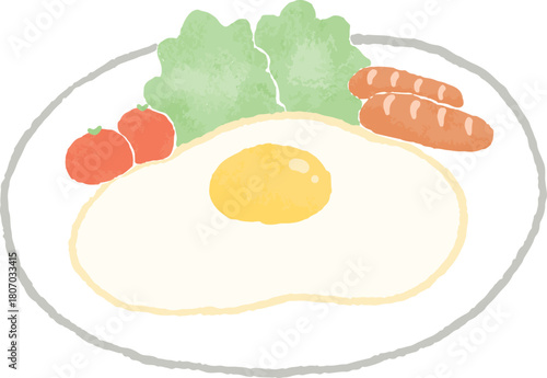 手描き風のサラダとウインナーが入った目玉焼きのイラスト