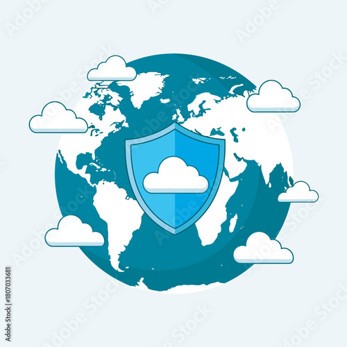A stylized shield with a cloud icon is superimposed on a depiction of the Earth, surrounded by fluffy clouds, symbolizing cloud security and global data protection.