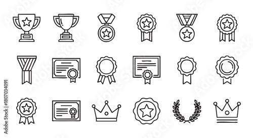 Line Art Illustration of Achievements Awards and Recognition Symbols Set