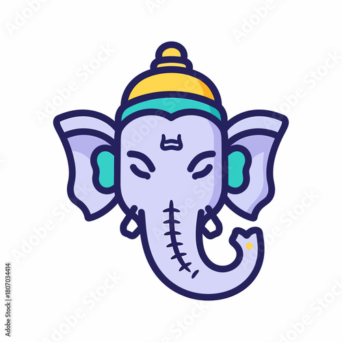 Modern flat design illustration of the Hindu god Ganesha's head, featuring elephant ears and trunk.