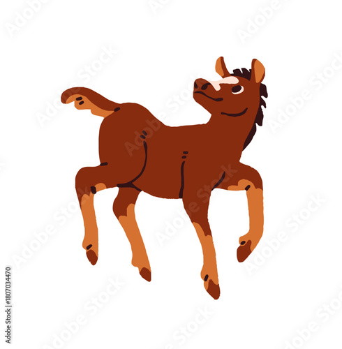 Adorable baby horse has fun on pasture. Cute foal plays in ranch. Happy livestock, joyful colt, funny kid of farm animals. Barnyard fauna. Flat isolated vector illustration on white background.