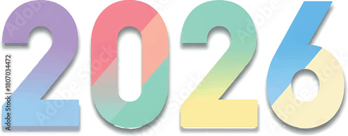 Vibrant and modern 2026 text in soft pastel colors, representing the upcoming year, future goals, and new beginnings for calendar designs and festive greetings