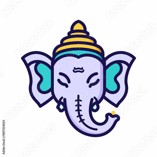 Stylized cartoon illustration of Lord Ganesha's head with a golden crown and purple skin, representing wisdom and good fortune.