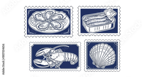 Seafood Postage Stamps Oyster, Sardines, Lobster, and Scallop Illustrations for Culinary Themes