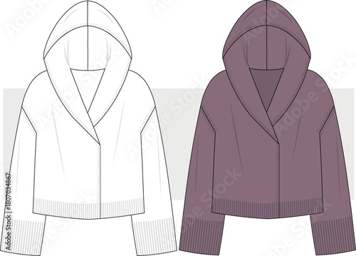 Women's rib knit cardigan hooded fashion technical drawing, illustration.  Sweaters Jacket vector, flat sketch. CAD, Mockup.