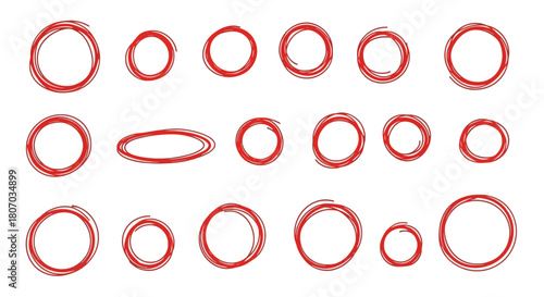 Collection of Red Scribbled Circles and Ovals for Highlighting and Emphasis on White Background