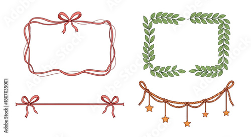 Elegant Vector Frames and Decorative Elements Ribbon, Bows, Leaves, and Star Accents for Design