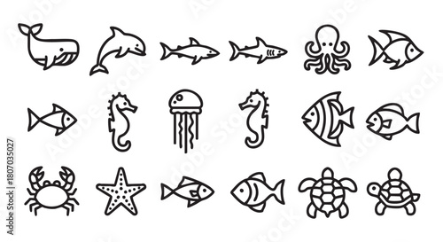 Ocean Life Illustration Set with Various Marine Animals Black and White