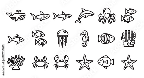 Ocean life icons in outline style featuring whale shark crab