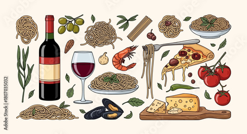 Italian Cuisine Delights A Colorful Illustration of Pasta, Wine, and Gourmet Food Elements
