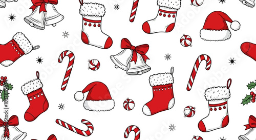 Festive Christmas Pattern Holiday Stockings, Candy Canes, and Bells Seamlessly Repeating on White Background