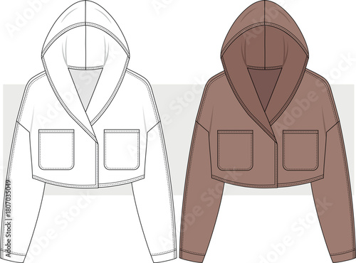 Women's crop jacket with hooded fashion technical drawing, illustration. Cardigan hooded vector, flat sketch. CAD, Mockup.