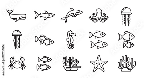 Ocean life marine animals icons set minimalistic vector illustration design