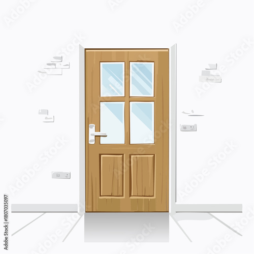 Vector illustration of an open wooden front door of a house entrance, showing interior room design