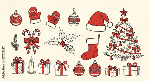 Christmas Holiday Decorations Festive Ornaments, Gifts, and Winter Holiday Symbols in Red and White