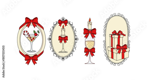 Festive Holiday Emblems Cocktail, Candle, and Gift Designs with Ribbon Accents for Seasonal Celebrations
