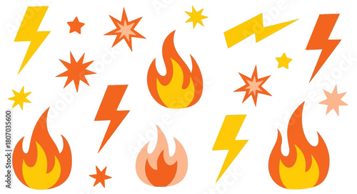 Set of Colorful Fire, Lightning, and Starburst Icons for Various Design Purposes