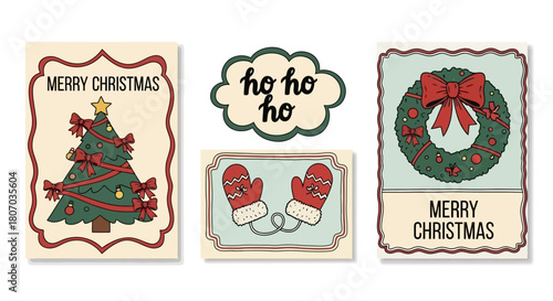 Christmas Card Set Festive Designs with Tree, Mittens, and Wreath for Holiday Greetings