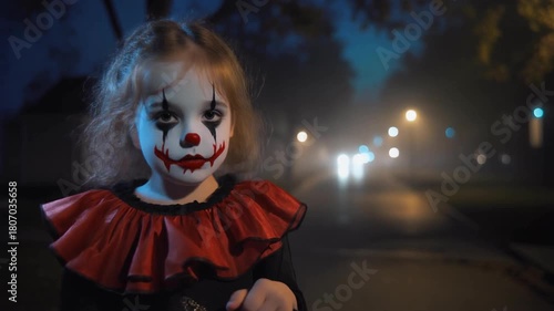 Young Girl Dressed as a Clown with Face Paint Holding a Trick-or- Treat Bucket at Night Halloween child