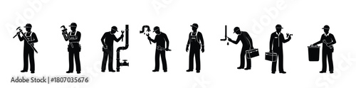 isolated icons of plumbers repairing pipes on white background