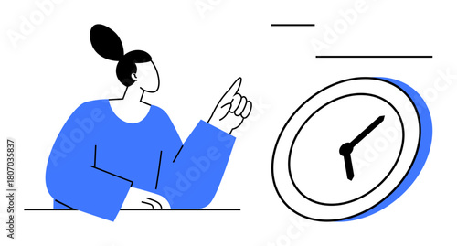 Woman pointing towards a large clock representing time management and organization. Ideal for productivity, deadlines, punctuality, efficiency, scheduling, planning, simple flat metaphor