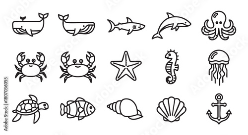Seamless pattern with cute sea animals outline in cartoon style