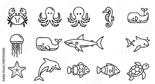 Seamless Pattern of Simple Black and White Sea Animals Illustrations