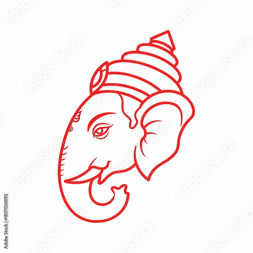 A minimalist red line drawing of the Hindu deity Ganesha, featuring detailed facial features.