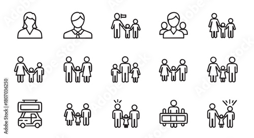 Set of linear icons depicting family lifestyle and relationships concept