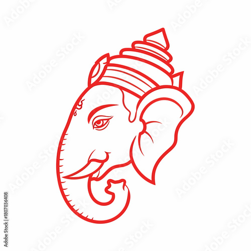 A stylized red line art illustration of the Hindu deity Lord Ganesha's head shown in profile with an ornate crown.