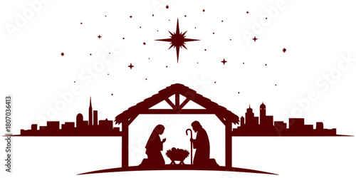 The Nativity Silhouette Vector: Holy Family in Stable, Starry Night, Jesus Birth, Mary, Joseph, and Bethlehem. Christmas Spiritual Digital Illustration.