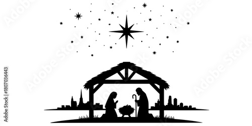 The Nativity Silhouette Vector: Holy Family in Stable, Starry Night, Jesus Birth, Mary, Joseph, and Bethlehem. Christmas Spiritual Digital Illustration.