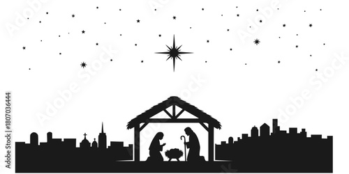 The Nativity Silhouette Vector: Holy Family in Stable, Starry Night, Jesus Birth, Mary, Joseph, and Bethlehem. Christmas Spiritual Digital Illustration.