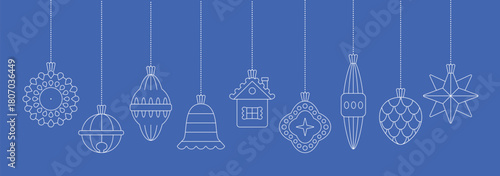 Minimalist white line Christmas tree hanging ball, toy banner on blue. Simple outline bell, star bauble garland. Elegant vector decoration for poster, card.