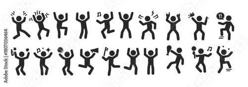  joyful stick figure man dancing hands up poses icon set .