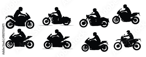 isolated silhouettes of motorcycles and riders on white