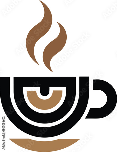 Stylized black coffee cup with brown steam and saucer hot drink