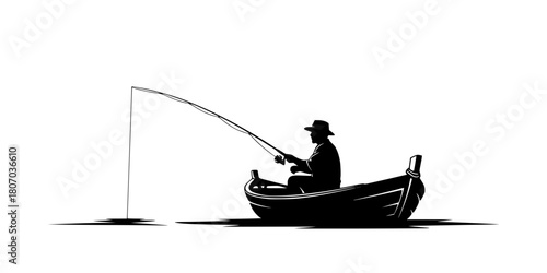 silhouette of a fisherman fishing on a boat vector art illustration isolated on transparent background.
