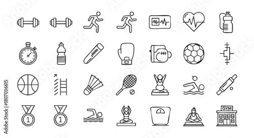 Sports and fitness outline icons including dumbbells running basketball badminton