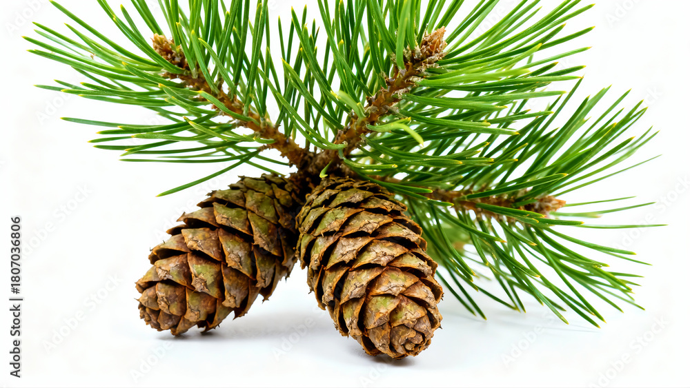 Fototapeta premium Set of green pine leaf branch with cone fruit isolated on white